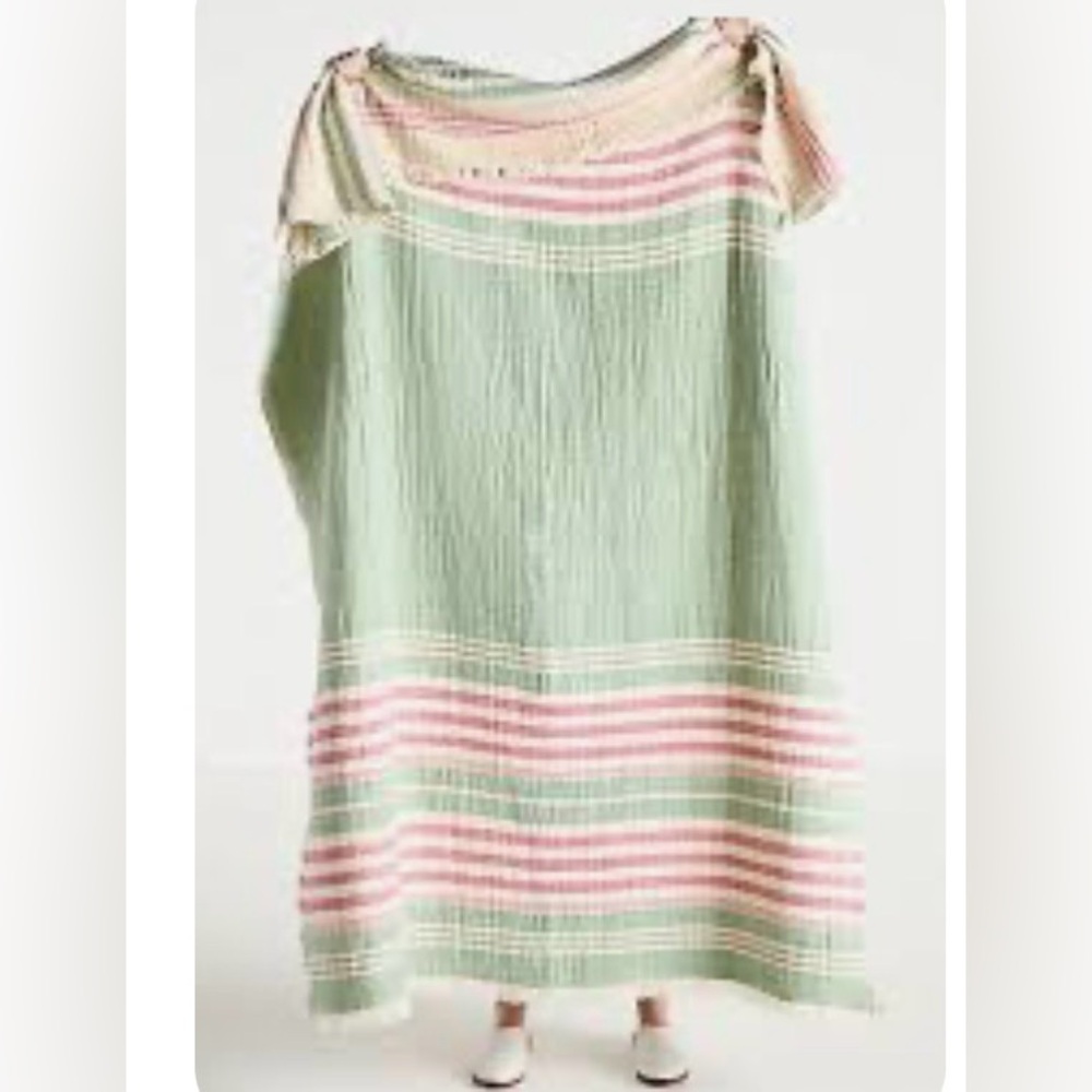 Anthropologie Sophie Muslin Throw Blanket Sage Green Pink Striped Cotton Fringe